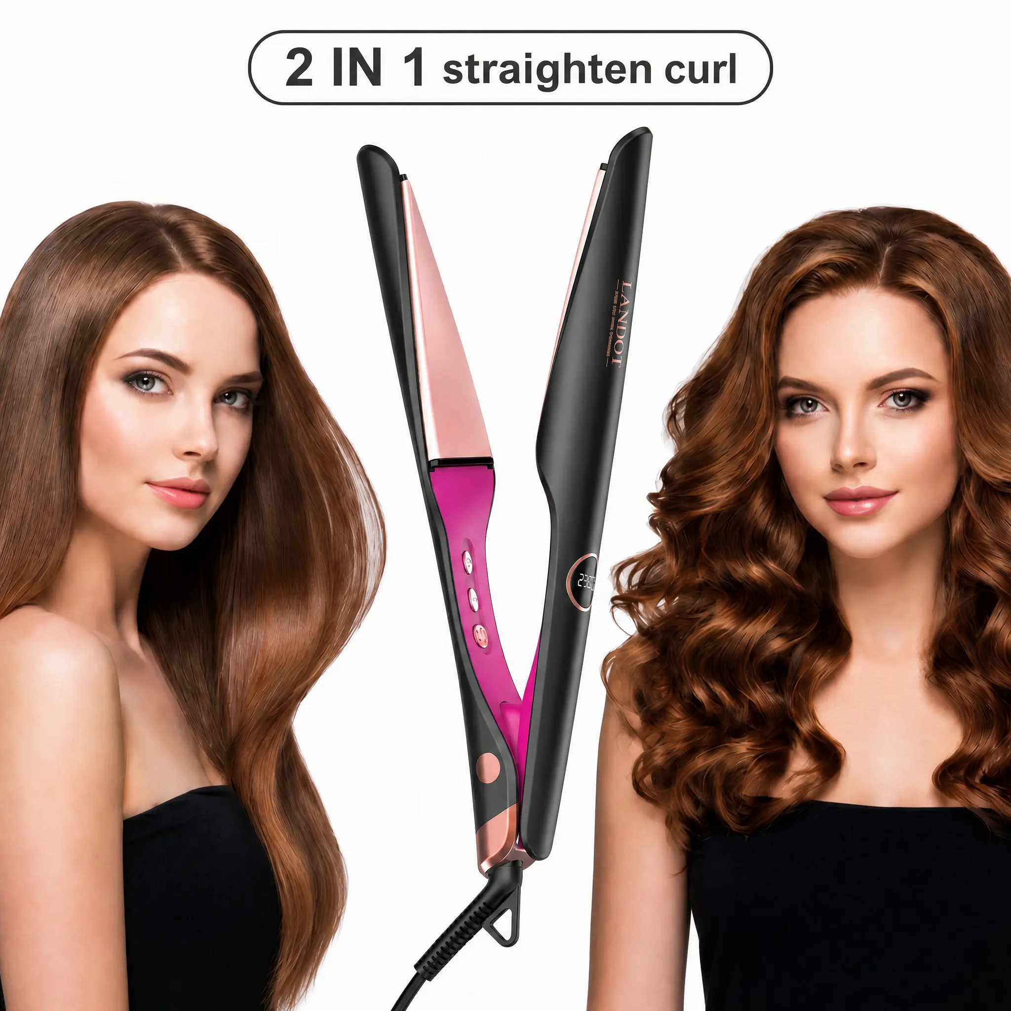LANDOT 2-in-1 Curlers & Straighteners - Ceramic Titanium Hair Tool with Adjustable Twist Floating Plates, Anti-Frizz, Dual Voltage, 12 Temps (250-450°F), Less Wrist Motion for All Hair Types, Ceramic Curling Irons,back to school,back to school haul