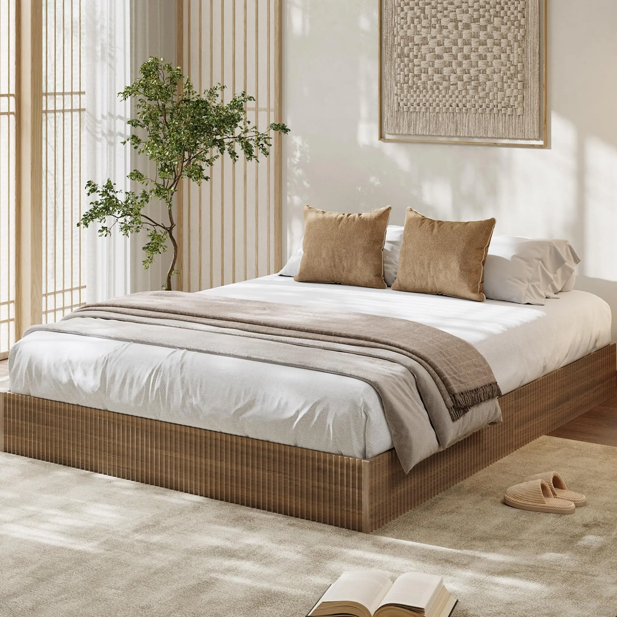 Garvee Minimalist Wood Platform Bed Frames with Fluted Design, Low Profile, Noise-Free, Easy Assembly, No Box Spring Needed; Available in Multiple Sizes and Finishes