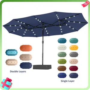 [2026 Upgrade] PHI VILLA 15ft Extra Large Wind Resistant Patio Umbrella, 2-Tier Outdoor Double-Sided Rectangle Market Modern Umbrella with Crank Handle, Includes Base, SpringGlowUp