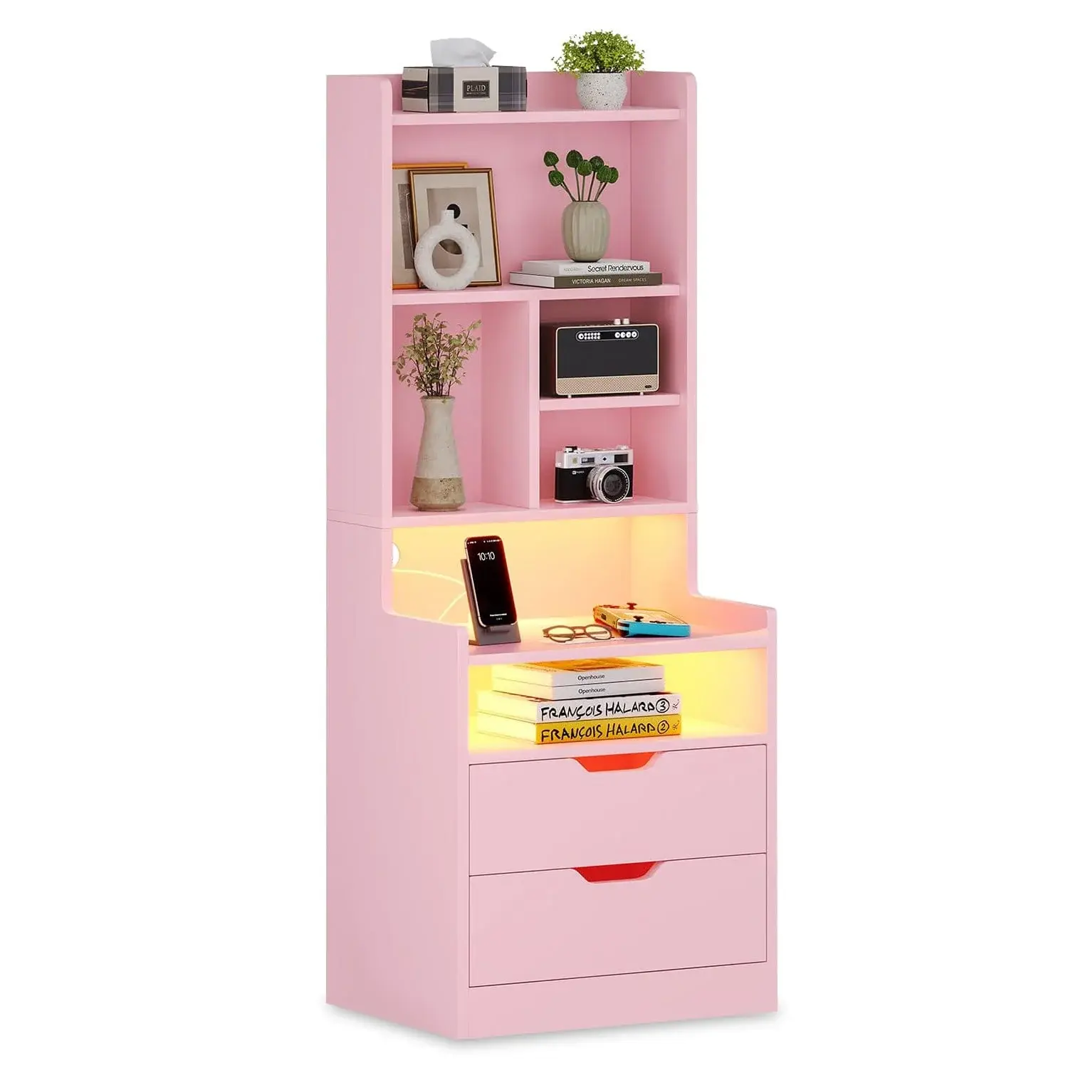 SIKAIC Pink LED Nightstand with Charging Station, Tall Bedside Table with RGB Lights, Drawer Storage and Bookshelf for Bedroom