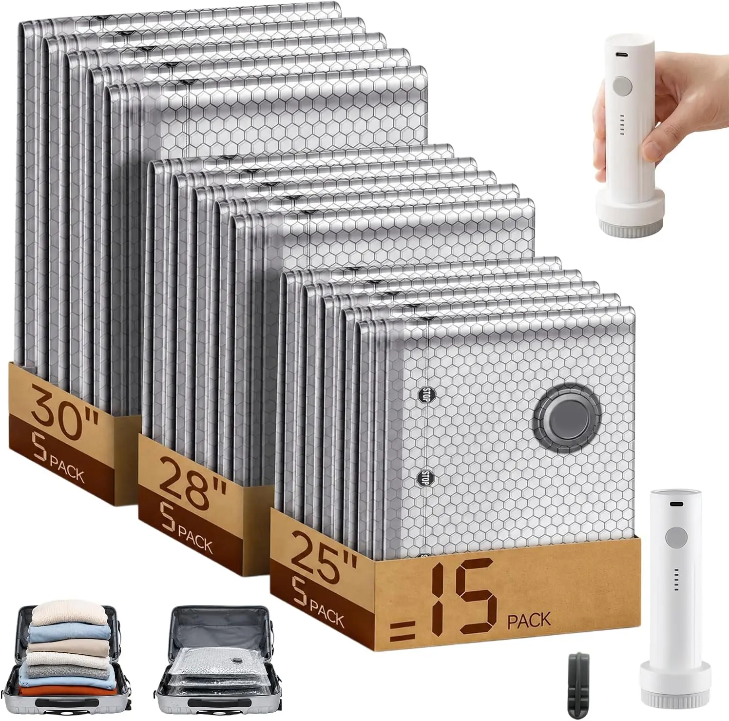 【TikTokShopBackToSchool】2026 Upgraded Cordless Compression Travel Vacuum Bag Kit with Wireless Pump, 15-Pack Luggage Organization Bags, Degradable, Dustproof Multi-Sizes Suitcase Storage (Summer Vibes, Memorial Day Deals), Travel Storage