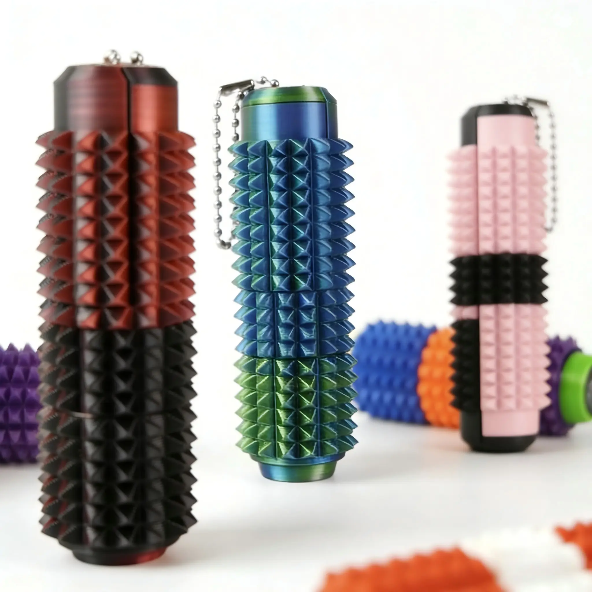 5-in-1 Tactile Spiky Stim Fidget Keychain - 3D Printed Sensory Stress Reliever with Click Buttons, Spinners, Rotating Grip for Fidgeting, Pocket Tool (Stress Relief Accessory)