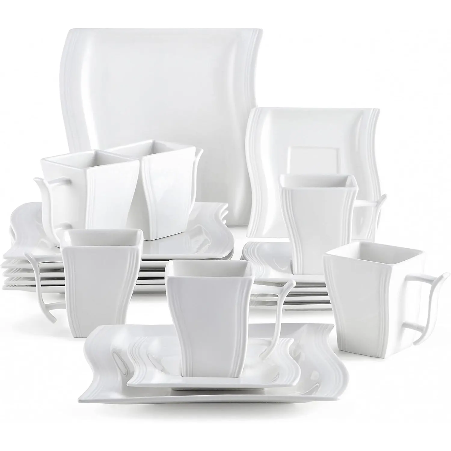 MALACASA Plates and Coffee Cups Sets,Flora Series 18-Piece Set,Cream White Porcelain Dinnerware Set,Crockery Set with 6 Cake Plates,6 Cups 220 ml,6 Saucers for 6 People Tableware Cutlery