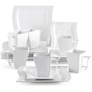 MALACASA Plates and Coffee Cups Sets,Flora Series 18-Piece Set,Cream White Porcelain Dinnerware Set,Crockery Set with 6 Cake Plates,6 Cups 220 ml,6 Saucers for 6 People Tableware Cutlery