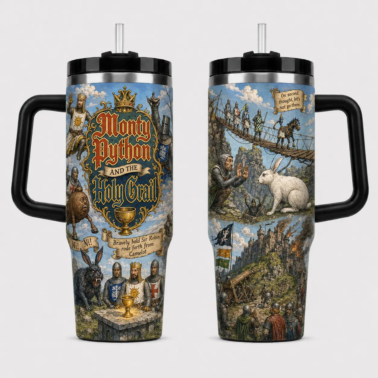 Monty Python Holy Grail Tumbler – Medieval Comedy Fantasy Travel Mug