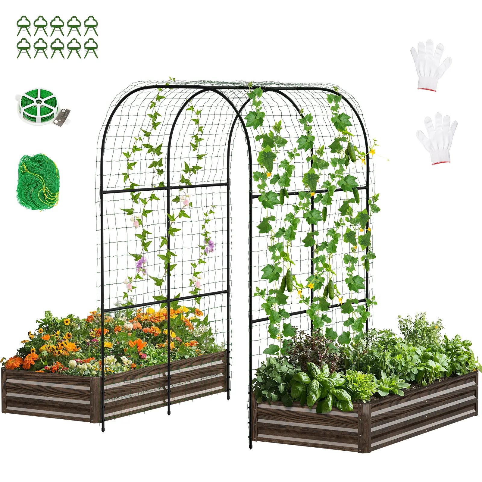 Lilypelle 3-in-1 Galvanized Metal Raised Planter Box with Tall Arch Trellis - Wind-Resistant, Durable Climbing Plant Stand, Elevated/Vertical Garden Box Maximizing Small Garden Area for Outdoor Vegetables, Climbing Planting Stand, Elevated Planting Boxes