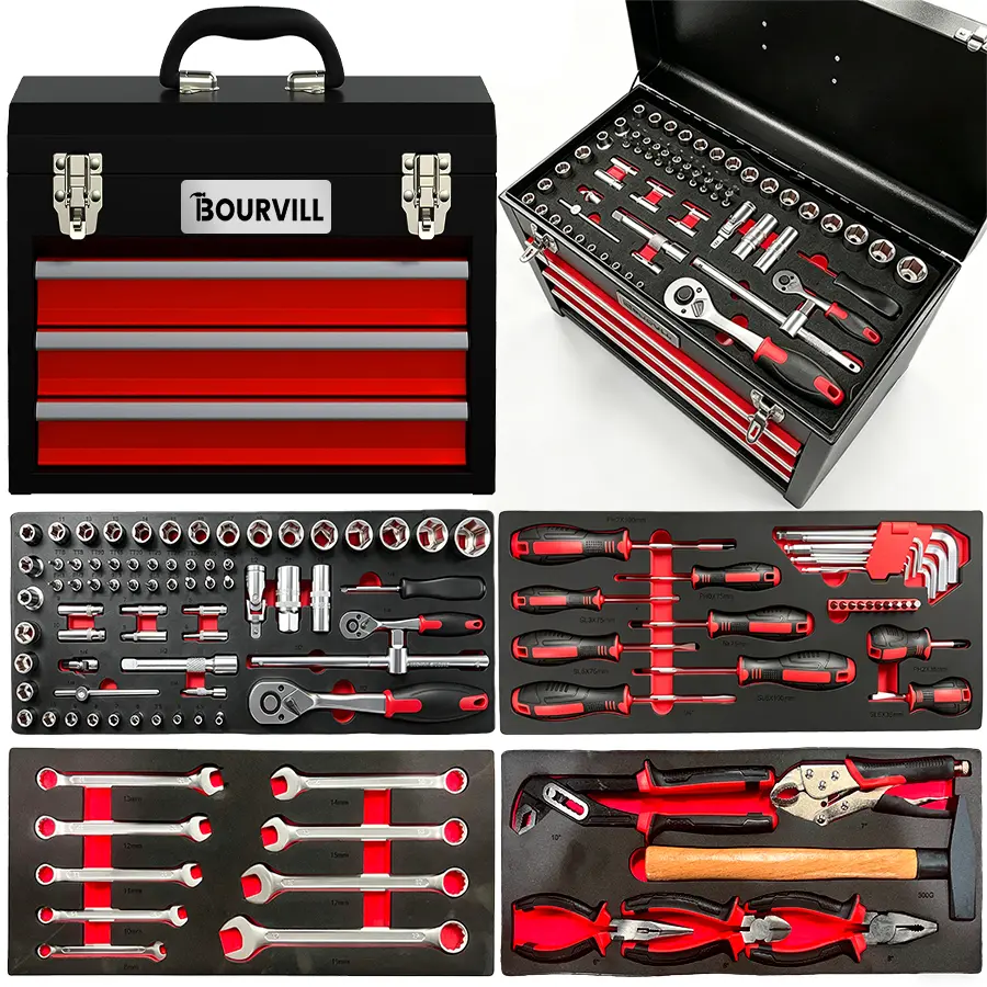 108 Pieces Mechanic Tool Set with 3-Drawer Metal Tool Box, Complete Socket Wrench Screwdriver Pliers Kit, Heavy Duty Steel Storage Chest for Auto Repair, Household and Garage DIY Projects