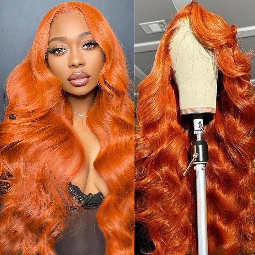 30 Inch Ginger Wig Human Hair Body Wave Ginger Orange 13X6 Lace Front Wigs Human Hair Pre Plucked 180 Density 350# Colored Glueless 13X6 HD Lace Frontal Wig Human Hair for Women