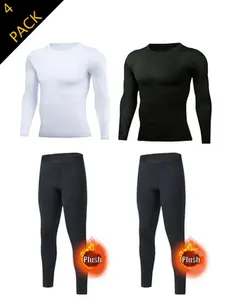 This four-piece men's athletic set includes a fleece-lined, long-sleeved, crew-neck thermal base layer.  The slim-fit, knitted fabric offers high elasticity, making it suitable for outdoor activities such as running, hiking, basketball, skiin