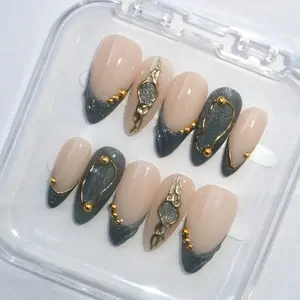 Marina Set by Pretty Set Studios  - Pewter Gold & Nude Long Almond Nails with 3D Accents High Gloss Finish Reusable Eco-Friendly Vegan Cruelty-Free Acrylic Press On