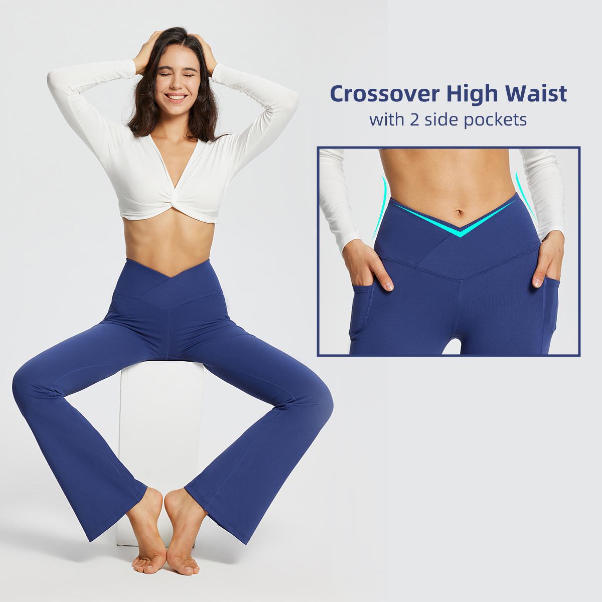 baleaf 29''/32''/34'' inseam Women Flare Leggings Crossover V-Cut Yoga Pants Flare Khakis High Waist Casual Workout Lounge Tall Bottom Pockets Petite Girls Forbidden Pants