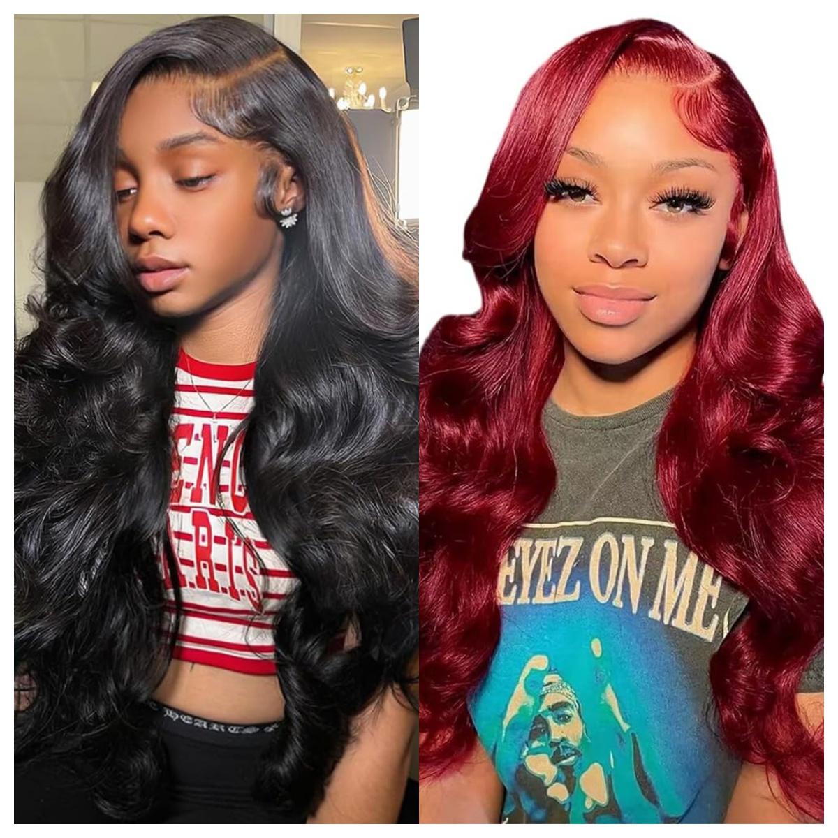 【Live Combo】Female 2 Burgundy Body Wave Human Hair 13x4 Transparent Lace Front Wigs