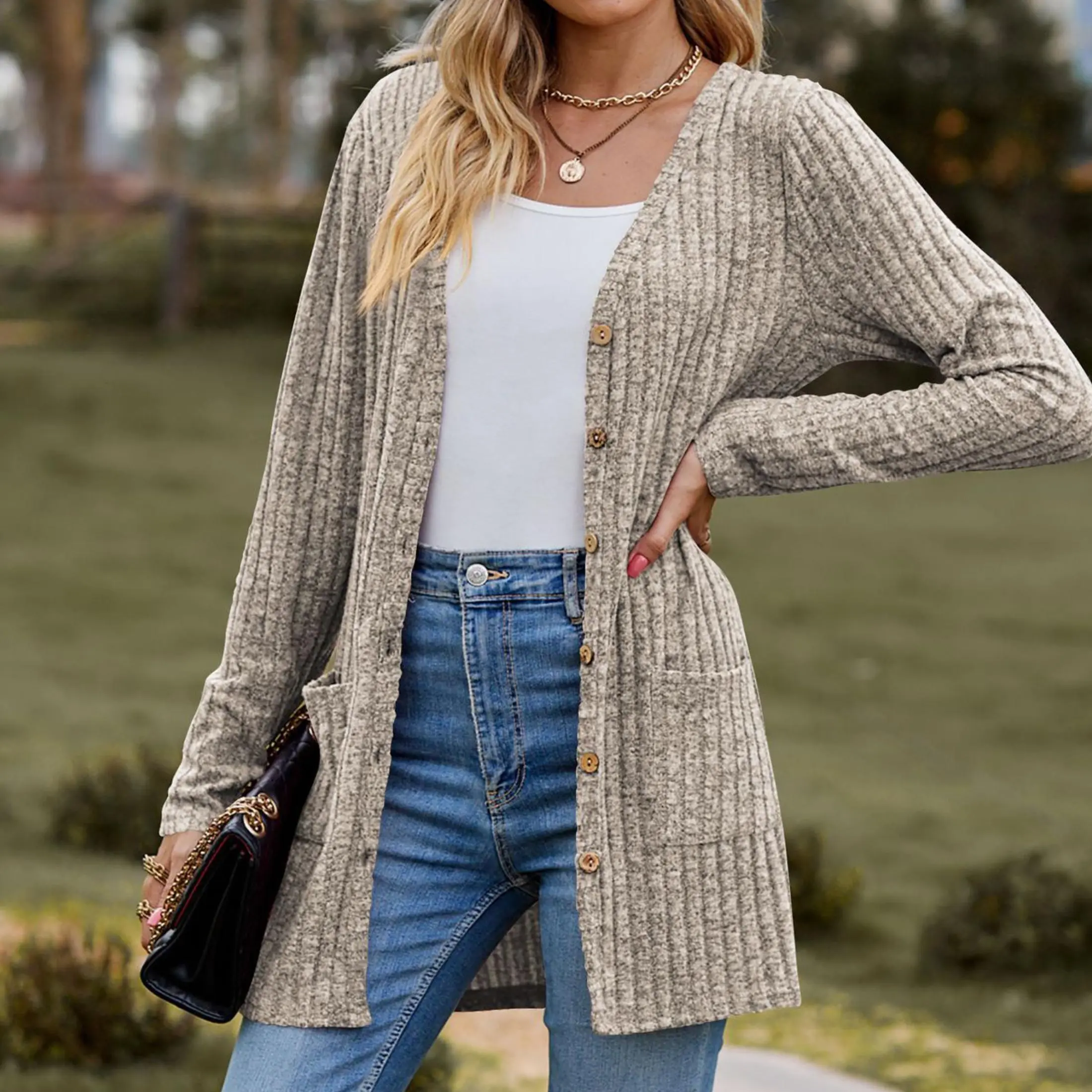 Women's Fashion Ribbed Knit Open Front Cardigan Casual Longline Sweater with Pockets Springfresh