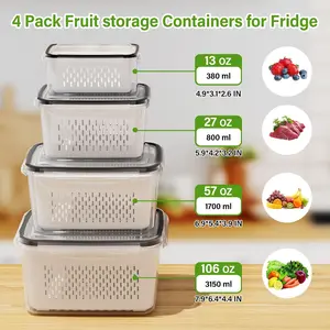 4 Pack Fresh Food Storage Containers, Large Capacity Produce Saver Box with Drain Baskets & Lid, Fridge Organizer, Airtight Fruit Organizer for Refrigerator, Stackable Plastic Fruit Veggie Saver