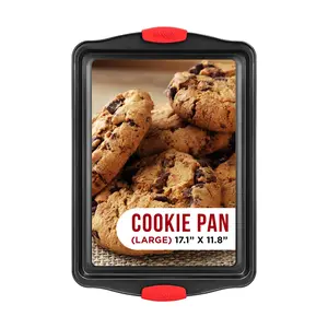 Bakken Nonstick Cookie Sheet Pan Carbon Steel Oven Tray Sheet Pan with Red Silicone Handles -large Bakeware Pan Tray with Gray Coating Inside & Outside