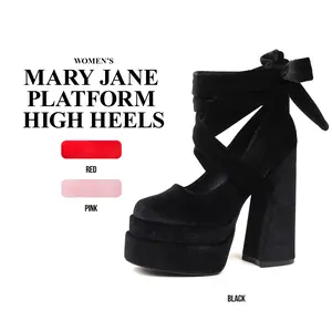 CYNLLIO Womens Mary Jane High Heels Square Toe Cross Tied Lace Up Bow Slip On Comfy Platform Chunky Heeled Dress Outing Wedding Party Casual Cosplay Spring Pump Shoes