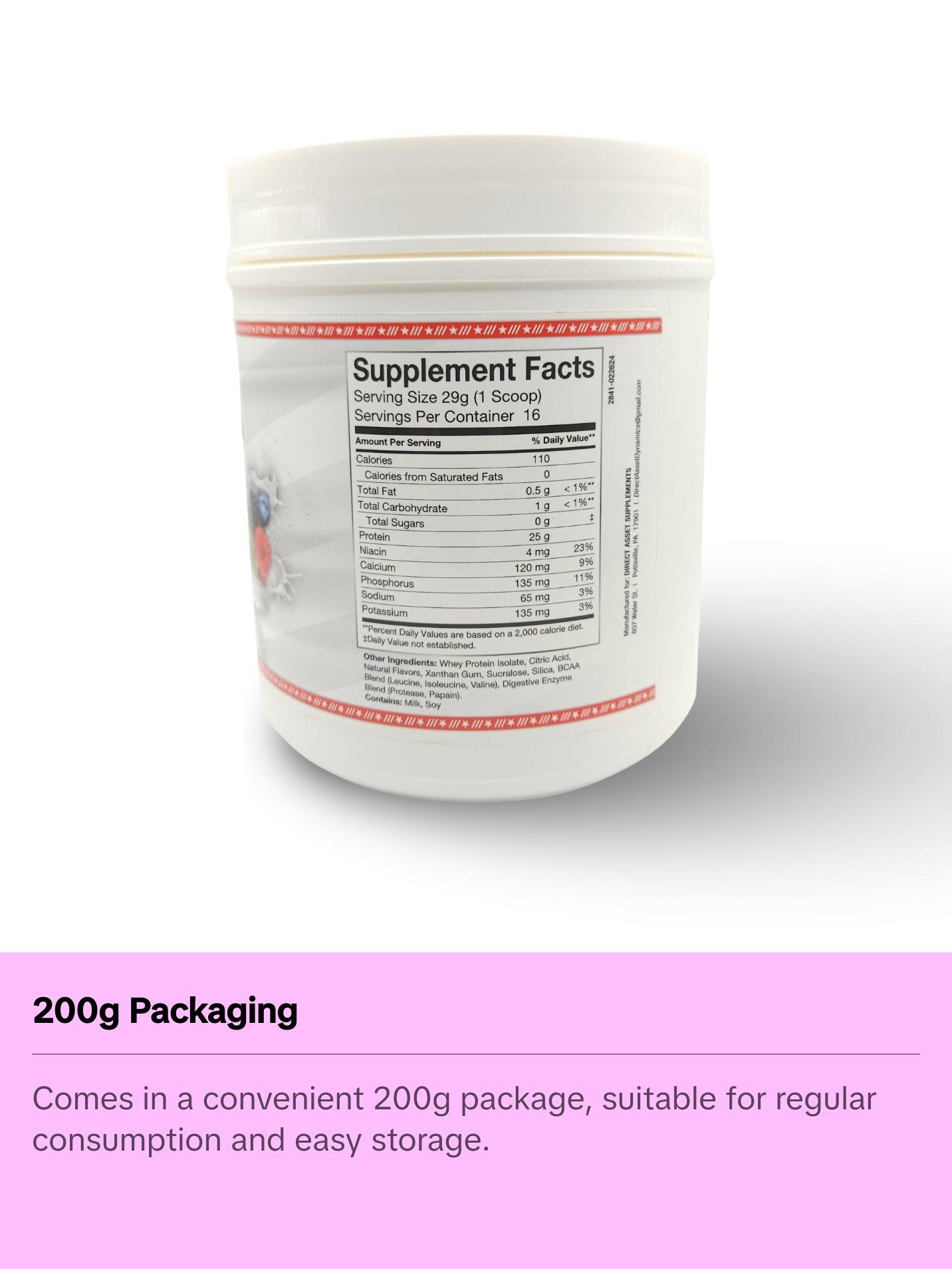 Direct Asset Whey Isolate Mixed Berry Protein 200g - Mixed Berry Blend for Dietary Supplementation, Ideal for Fitness and Health