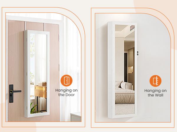 HomeSquad Full-Length Mirror Jewelry Cabinet, Wall or Door Mount, Organizer Armoire with Built-in Makeup Mirror, Lockable Storage with 2 Drawers