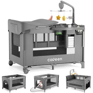 CAVEEN 5 in 1 Baby Playard, WIth Baby Bassinet, Portable Bedside Sleeper Baby Crib, with Removable Changing Station & Storage Organizer, Grey