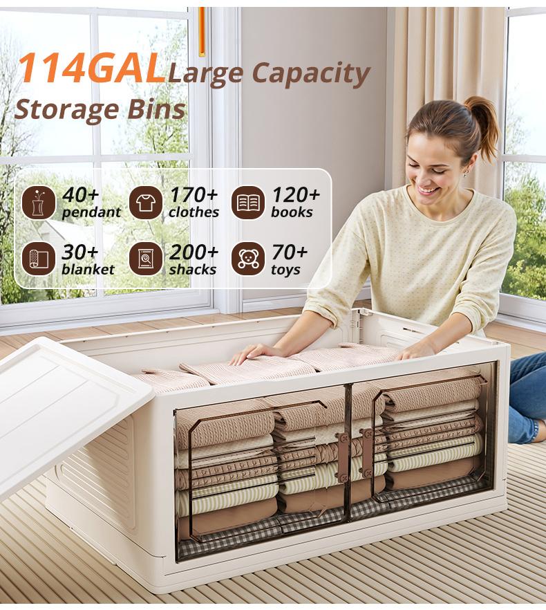 SPACIFY HOME Foldable Storage Bins 76QT with Lid, Magnetic Doors & Lockable Wheels, Stackable storage Boxes for Living Room, Office, Kitchen, Dorm