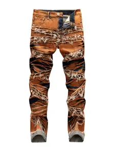 Men's Fashion Versatile Retro Embroidered Straight Leg Motorcycle Style Jeans Casual Classic Fashion Menswear Streetwear Breathable Jackets Natural Print Tapered-0009 Denim Basic Distressed Stretch Trouser Pants Fabric
