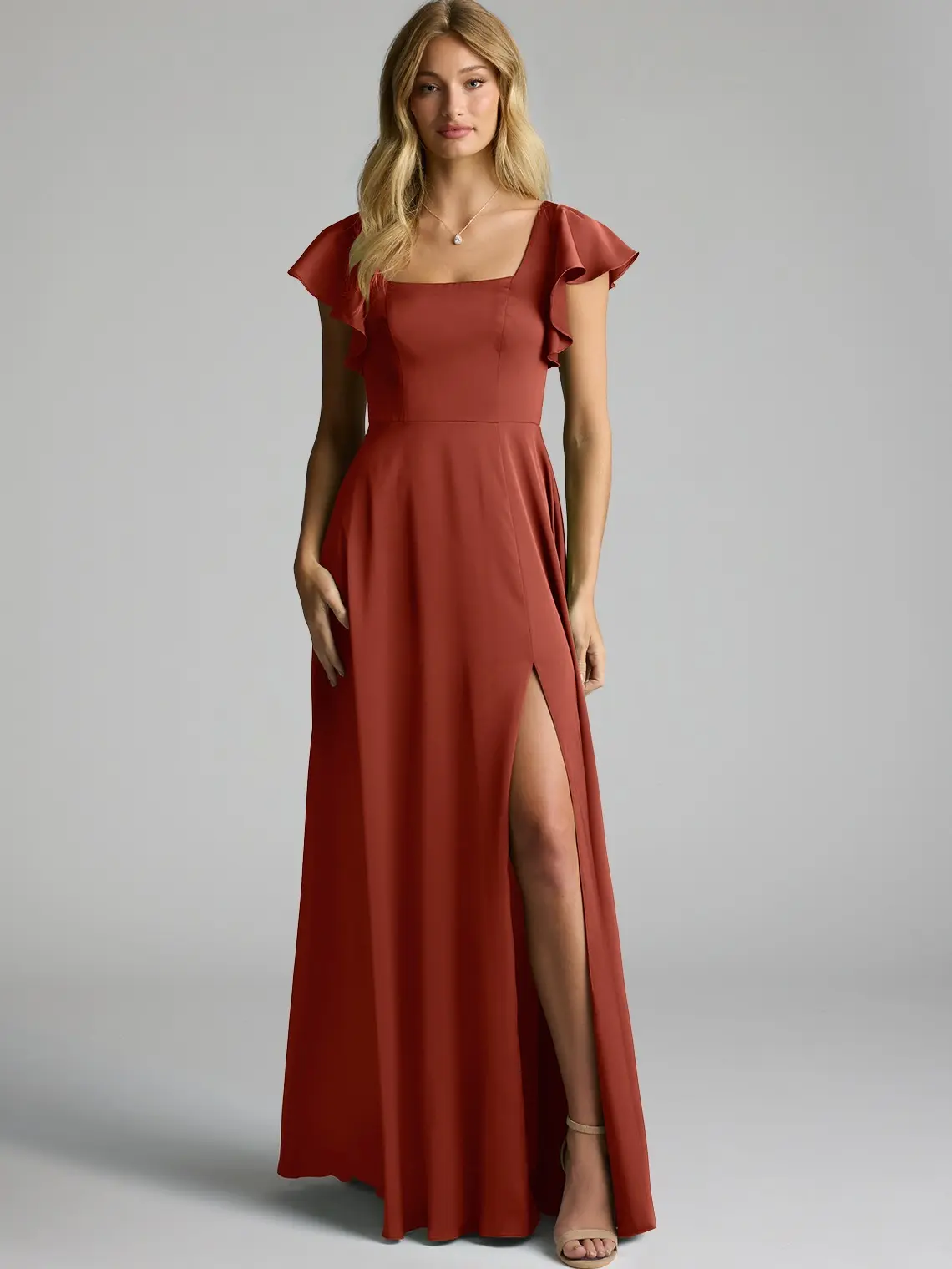 Azazie Bondi A-Line Square-Neck Bow Flutter-Sleeve Bridesmaid Wedding Guest Satin Dress, Party, Women