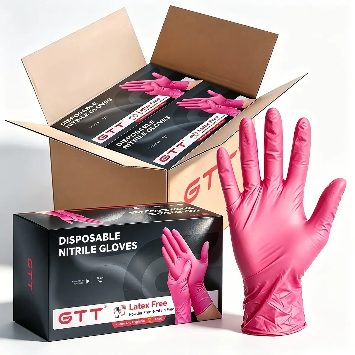 GTT Rose Red Nitrile Disposable Cleaning Gloves - 4mil Thick, Powder-Free, 100-Piece, Ambidextrous Diamond Grip All-Purpose Gloves in Box for Kitchen, Household Use, 100 Pieces