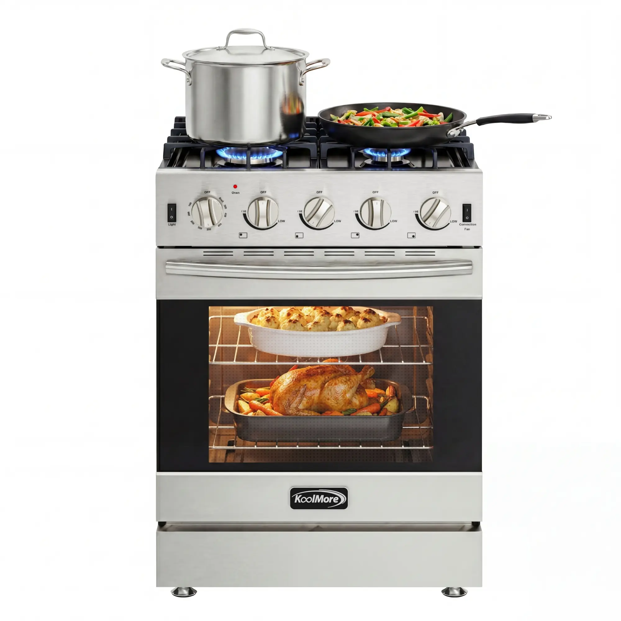 24 in. Slide-in Convertible Gas Range Oven - 4-Burner, 3.7 cu. ft., Stainless-Steel Enamel Finish, CSA Certified, Dual Adjustable Racks, 1/2” NPT Gas Inlet, Front-Mounted Controls, Plug-In Installation, Includes Power Cord (KM-SGR24-SS)
