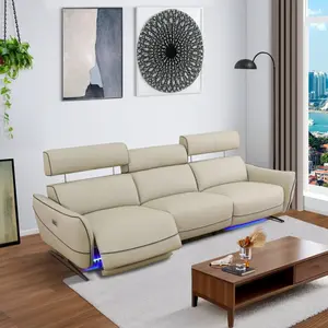 Power Reclining Sofa with LED, Top Grain Leather Recliner Couch, 114.5" Wide Leather Sofa with USB Port for Living Room Office,Beige