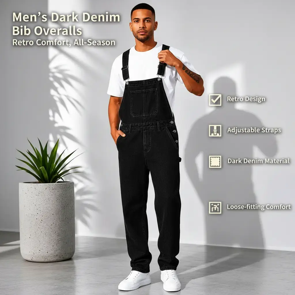 ESDVQ Men's Premium Stretch Woven Denim Bib Overalls - Retro Dungaree Urban Edge, Rugged Plain Design, Baggy Adjustable Straps, Loose Roomy Fit, Dark Blue, Built-In Pockets, Sturdy Feel, Modern Ease, Construction Casual Work Wear