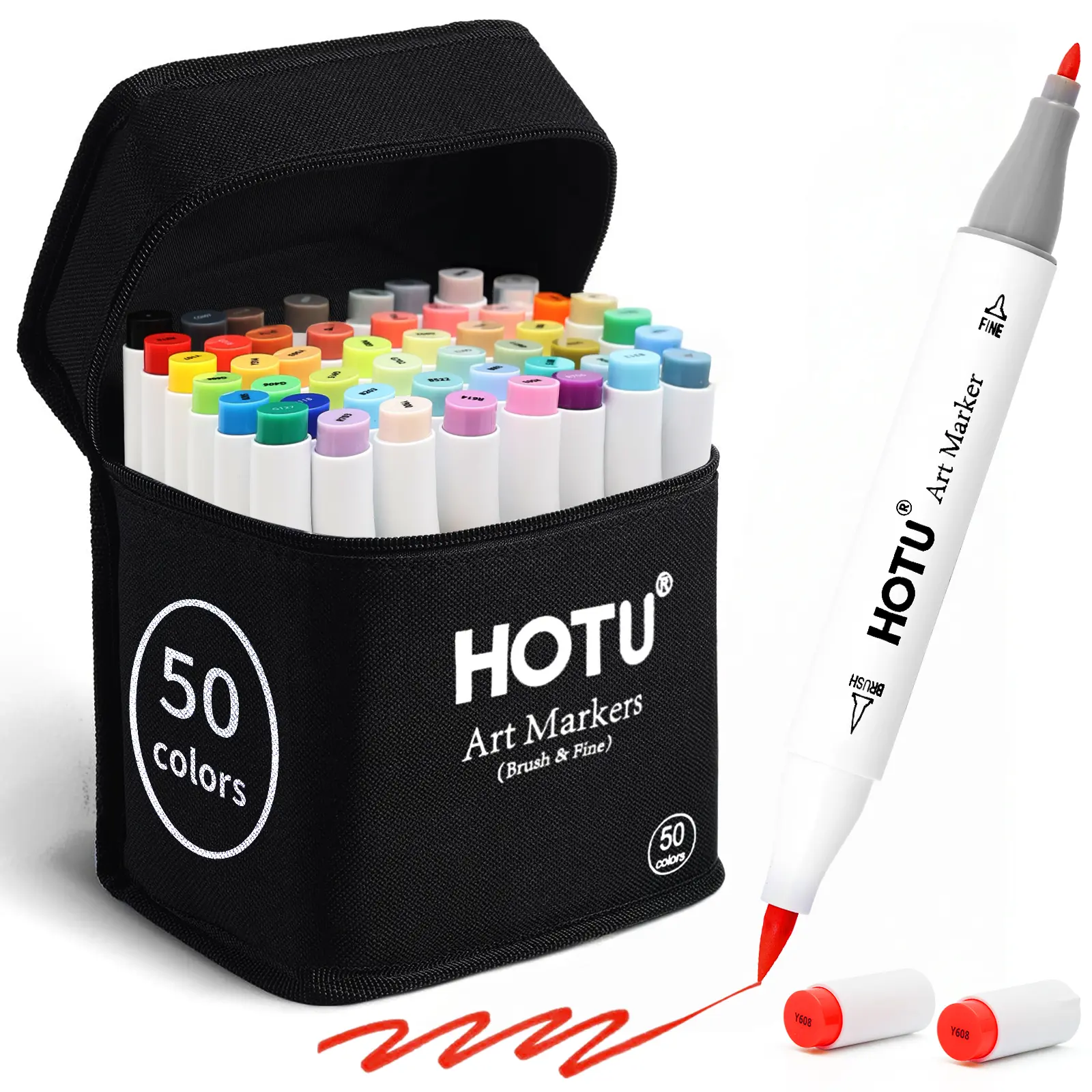 HOTU 50-Color Alcohol Markers Brush & Chisel Dual Tips Art Pen Marker Set for Artists - Soft Nylon Brush Tip, Quick-Drying Ink, Anti-Bleed Pad, Colorless Blender, Swatch Card, Sturdy Canvas Bag, Cute Office Stationery