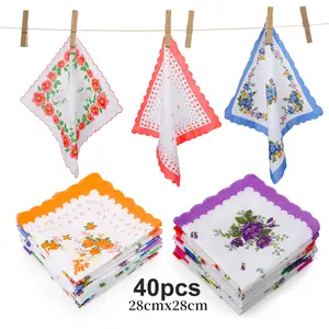 40Pcs Floral Embroidered Handkerchiefs - 11Inch Cotton Hankies,Vintage Square Hanky,Elegant Gift for Women Accessory