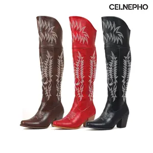 CELNEPHO Women Cowboy Boots Pointed Toe Over The Knee Western Boot Chunky Block Heel Vintage Embroidered Design Side Zipper Clocure Rodeo Booties Easy Pull on Party Wear Horse Riding Country Wedding Dress Shoes Deals For You Days Deals For You Days
