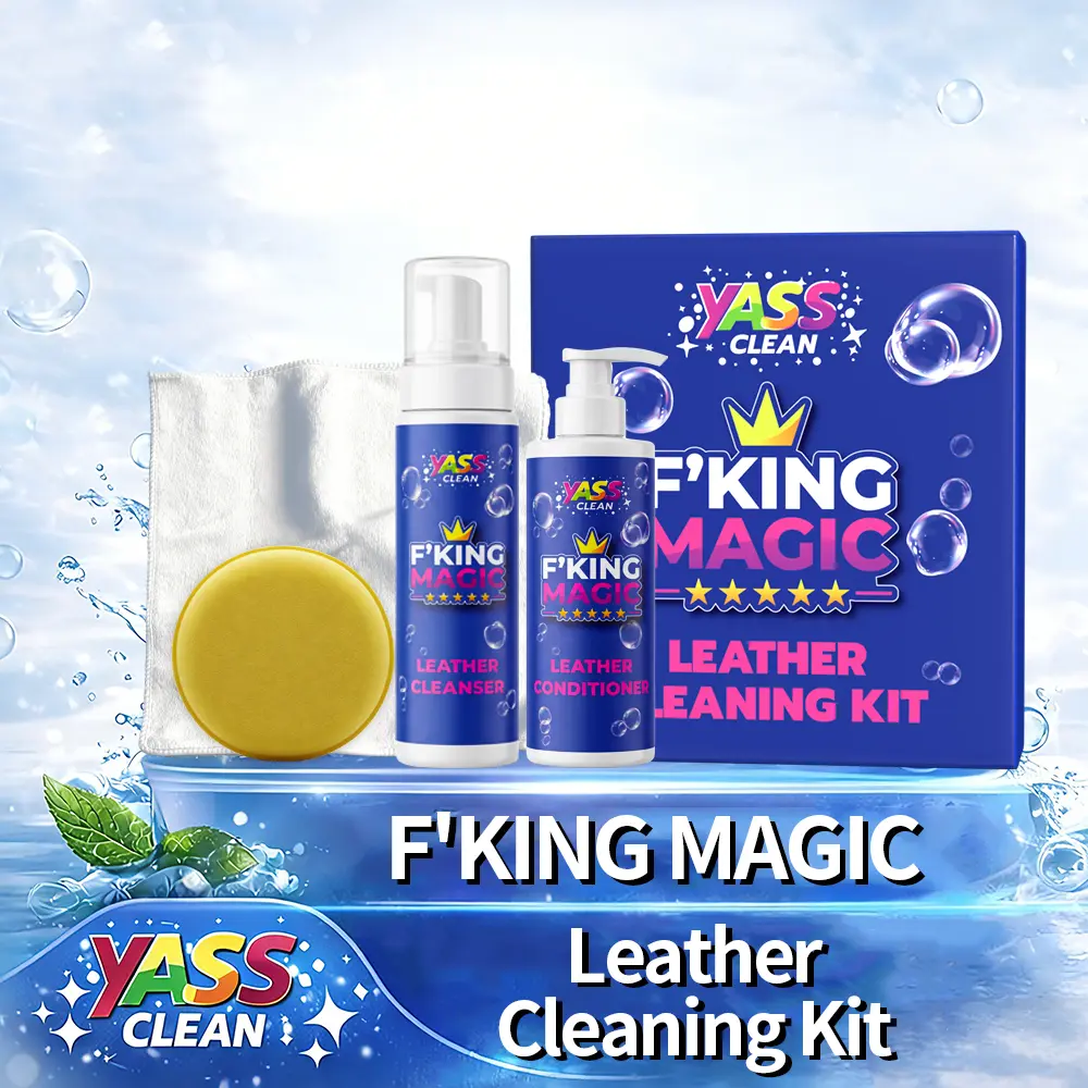 Yass Clean F‘KING MAGIC Leather Cleaning Kit – Seat Maintenance & Care Oil, Interior Polishing Tool, Refurbished Leather Sofa Cleaner, Stain – Safe Care for Sofas, Chairs, Shoes, Bags & More – Includes Premium Applicator & Microfiber Cloth