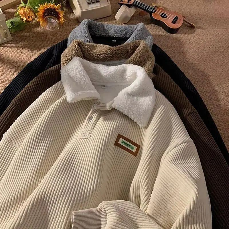 2026 Corduroy Polo sweater couple autumn and winter style plus velvet thickened simple fashion lamb wool coat, Men's Sweatshirts Menswear Hoodie Tops