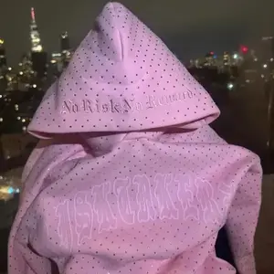 2026 European and American men's clothing printing dark hot diamond black series youth leisure trend long-sleeved hooded sweater Sweatshirts Menswear Tops Pullover Wetsuit Beige