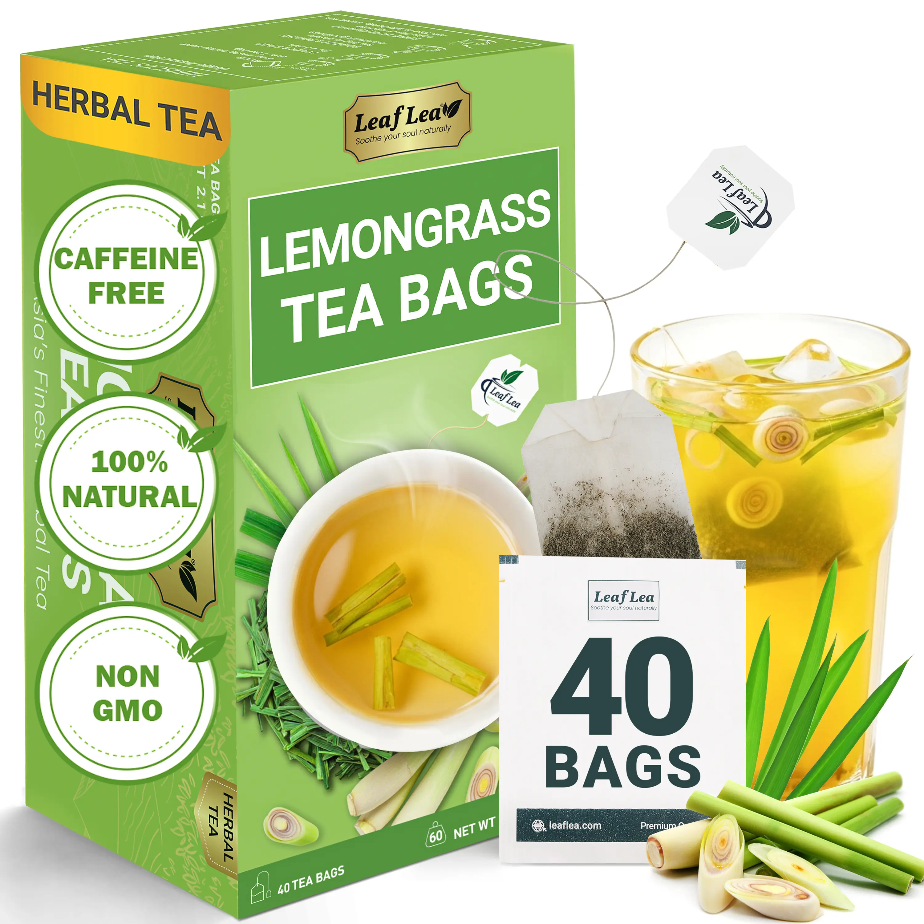 LeafLea Lemongrass Tea Bags, 100% Natural Lemongrass Leaves, Te Limon Grass, Te de Limoncillo Herbal Tea with Smooth Light Aroma, Sugar-Free, Caffeine-Free, Non-GMO, Vegan Friendly