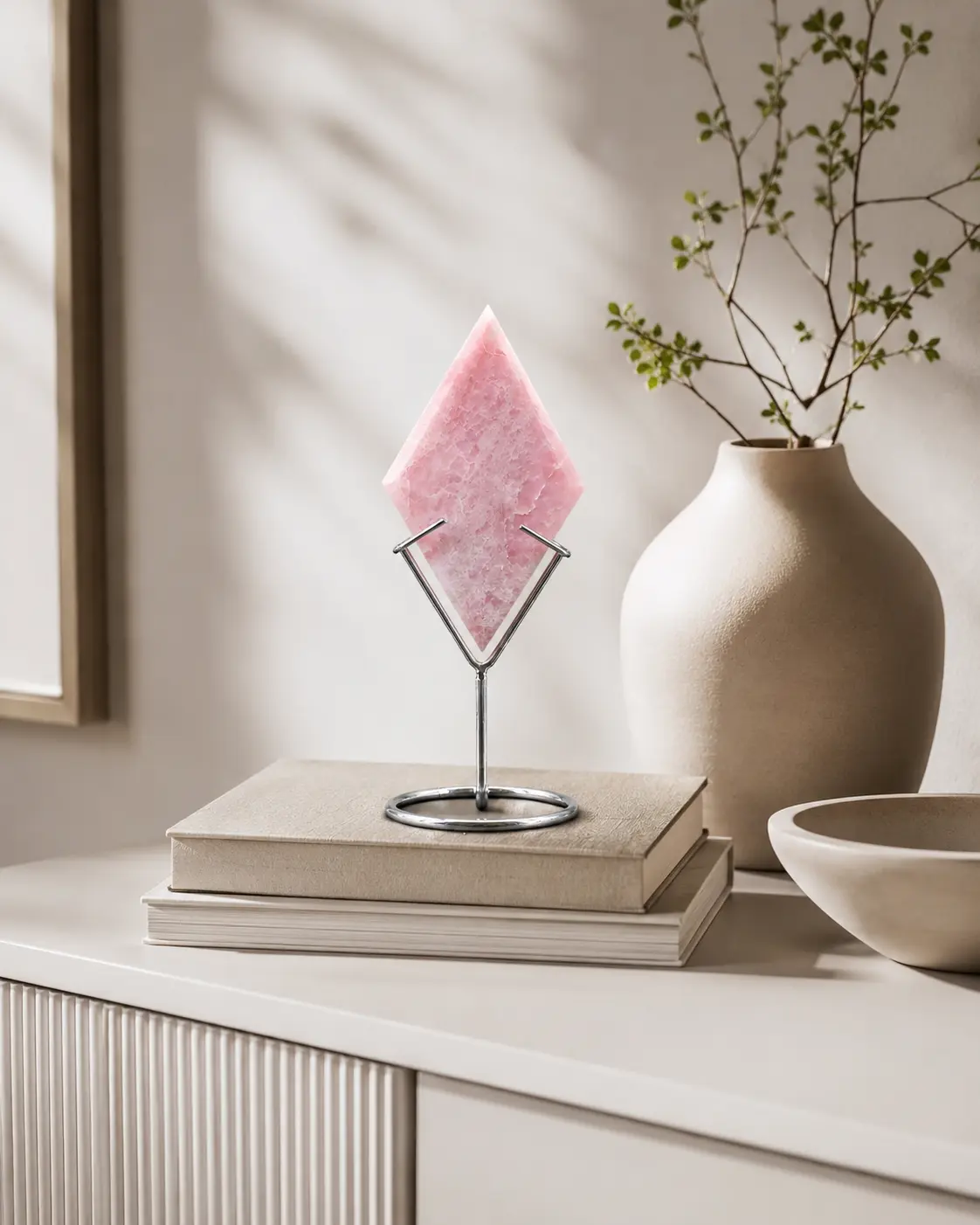Elegant Diamond-Cut Pink Opal Crystal with Metal Display Stand - Healing Decor