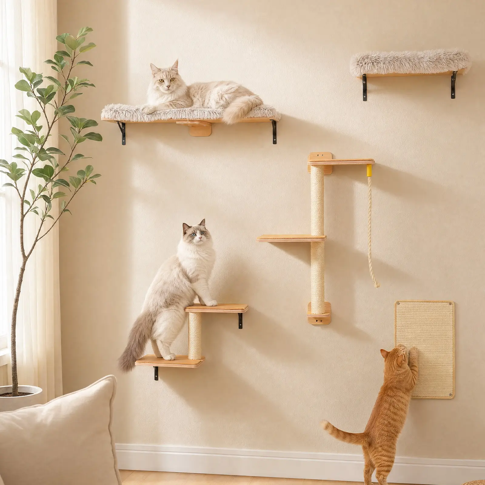 5-in-1 Wall Mount Cat Shelf Set, Wooden Wall Cat Perch with Scratching Post & Sisal Pad, Space Saving Cat Climbing Furniture#DealsForYouDays