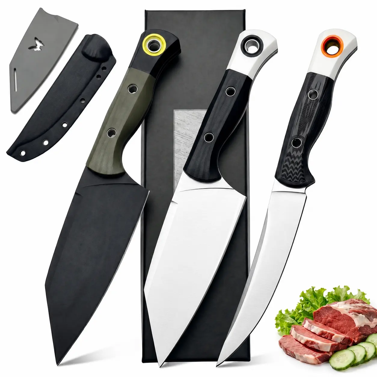 3-piece kitchen knife set for meat cutting and boning as well as fruit slicing; blades made of 9Cr18 steel with ergonomic ABS handles, ideal for chopping, slicing and boning, and perfect as gifts for Father's Day and Mother's Day