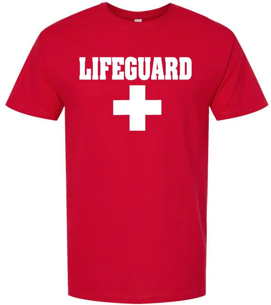 Women's Printed Front Lifeguard Cross Short-Sleeve Jersey T-Shirt - Premium Soft Cotton, Breathable, Unisex Crew, Standard Sleeves, Round Neck, Pool Watch Safety Clothes for Women