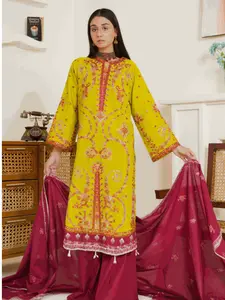 Vibrant Lime Yellow & Maroon Embroidered Lawn 3-Piece Suit
