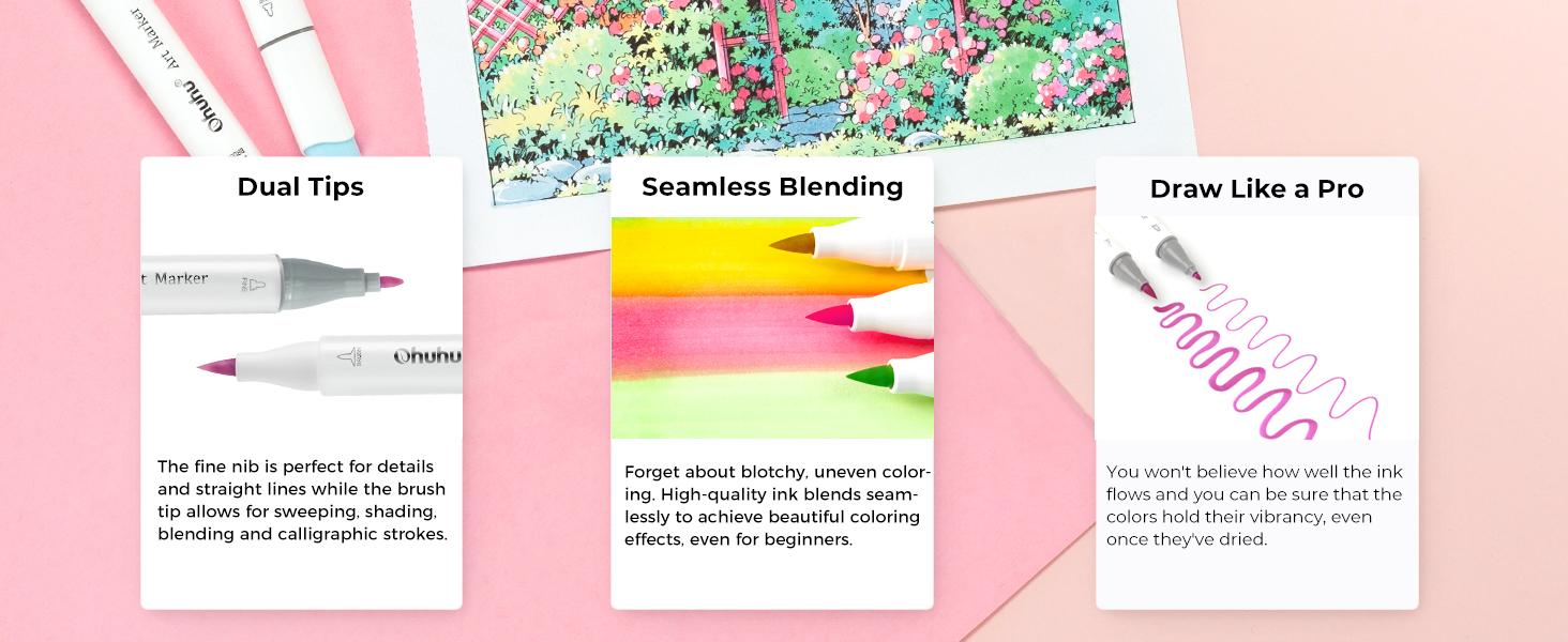 Ohuhu Honolulu Brush Markers: 48 Pastel Colors Double Tipped Art Marker for Artist Coloring Illustrations-Brush&Chisel/Fine -Refillable Ink-Sweetness