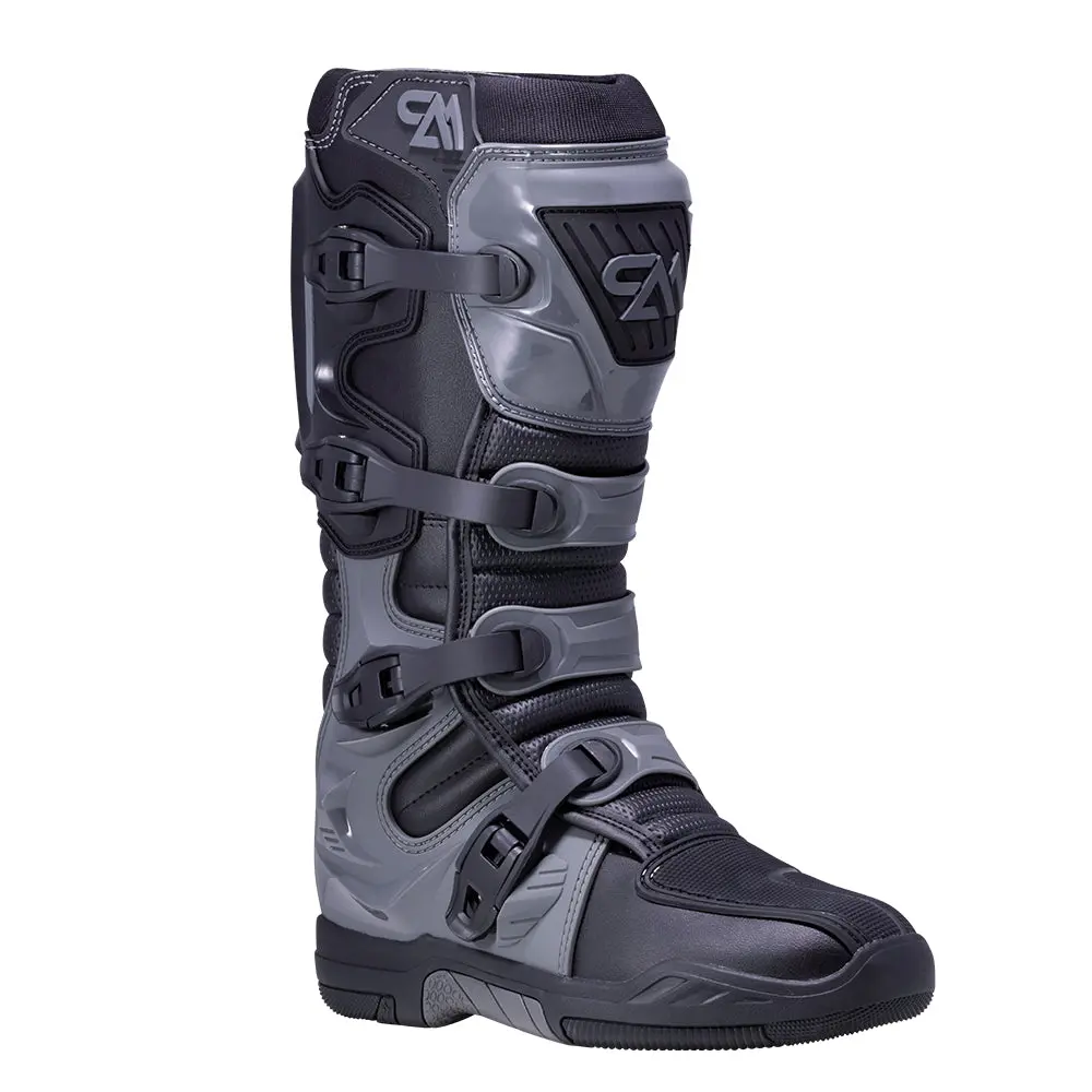 Black/Gray Mens Torched MX Boots 2024 with Adjustable Snap-Lock Buckles & Hard Moulded TPU for MX and Enduro Use