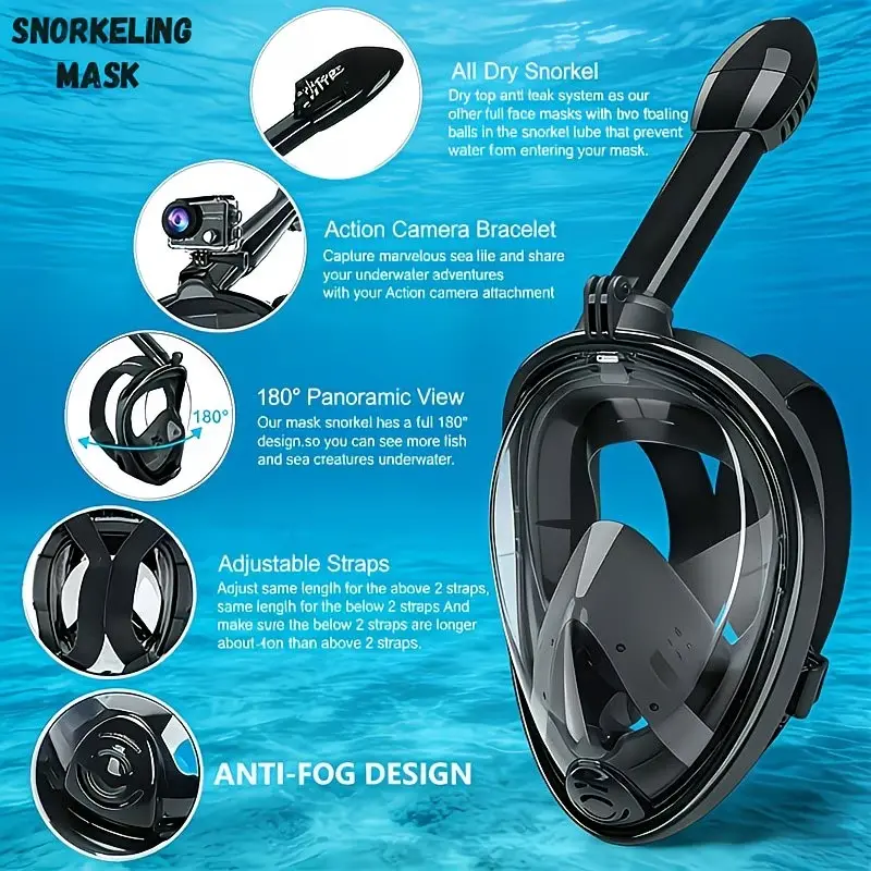180° Panoramic Full Face Snorkel Mask for Adults, Leakproof Silicone Swimming Mask with Earplugs Storage Bag & Camera Mount, Unisex Durable Snorkeling Gear Diving Gear Multiple Colors Sizes S/M-L/XL