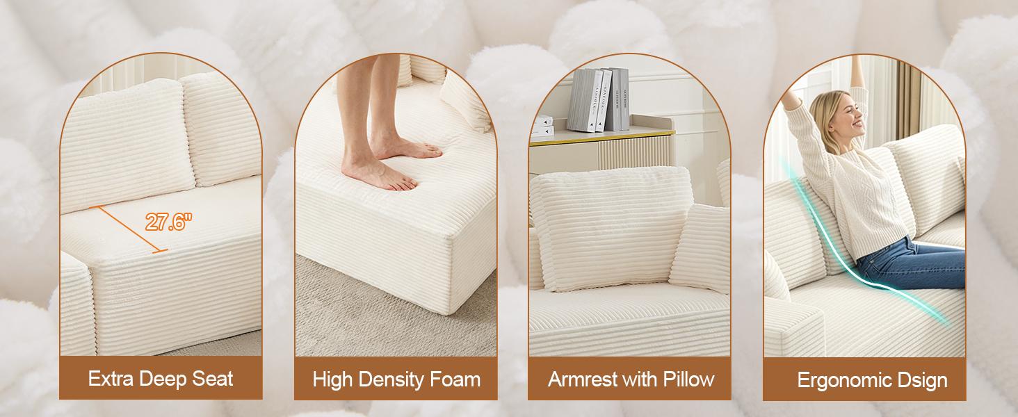 Modular Sectional Cloud Couch for Living Room,Modern Boneless Couche Set with Plush Corduroy,Comfy Floor Sofa with Memory Foam,Stupendous U Shaped Sofa with Chaise,No Assembly Required