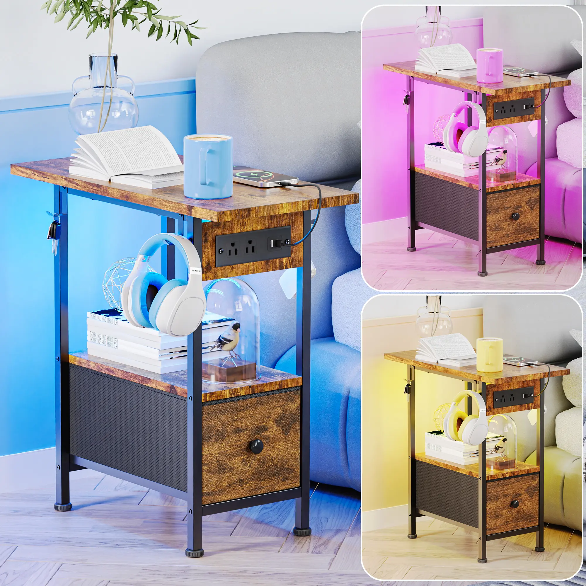 Rustic Modern Accent End Table - Indoor-Outdoor, 23.6"x11.8"x24" Compact Nightstand with Charging Station, USB Port, Drawer, Open Shelf, Metal Frame, Sturdy Storage Tabletop for Small Spaces, Bedroom, Nightstand With Drawers, Modern Accent Tables