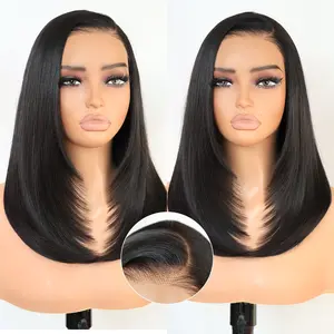 U&A Hair Synthetic Wear and Go 9x7 Glueless C-Part Layered Short Wig 14 Inch，Lace Front Straight Wig Pre Plucked Pre Cut Natural Hairline with Tiny Knots