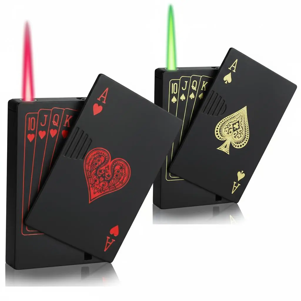 Jet Torch Lighter, 2 Pack, Green+Red Flame Ace Card Lighter, Cool Lighter Windproof Poker Design, Refillable Butane, for Outdoor, Indoor, Camping, BBQ, Candle, Birthday, Gift (Without Gas)
