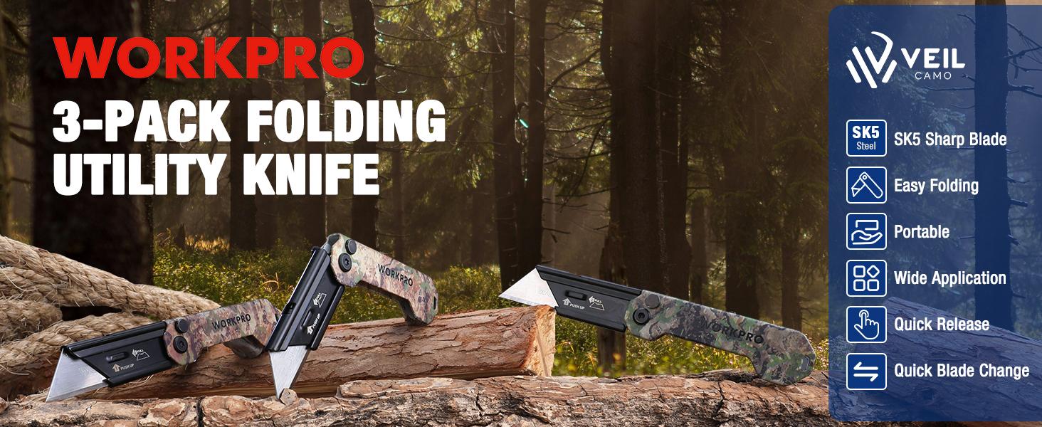 #fathersdaygift WORKPRO 3-Pack Folding Utility Knife, Quick Change Blades Box Cutter, EDC Foldable Pocket Utility Knife Sets with Belt Clip